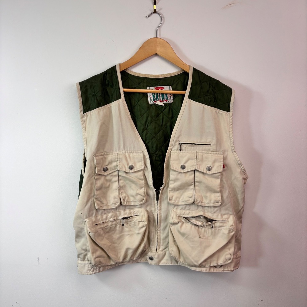 Vintage 90s BRIN Utility Fishing Vest Beige Green Quilted Multi Pocket Medium